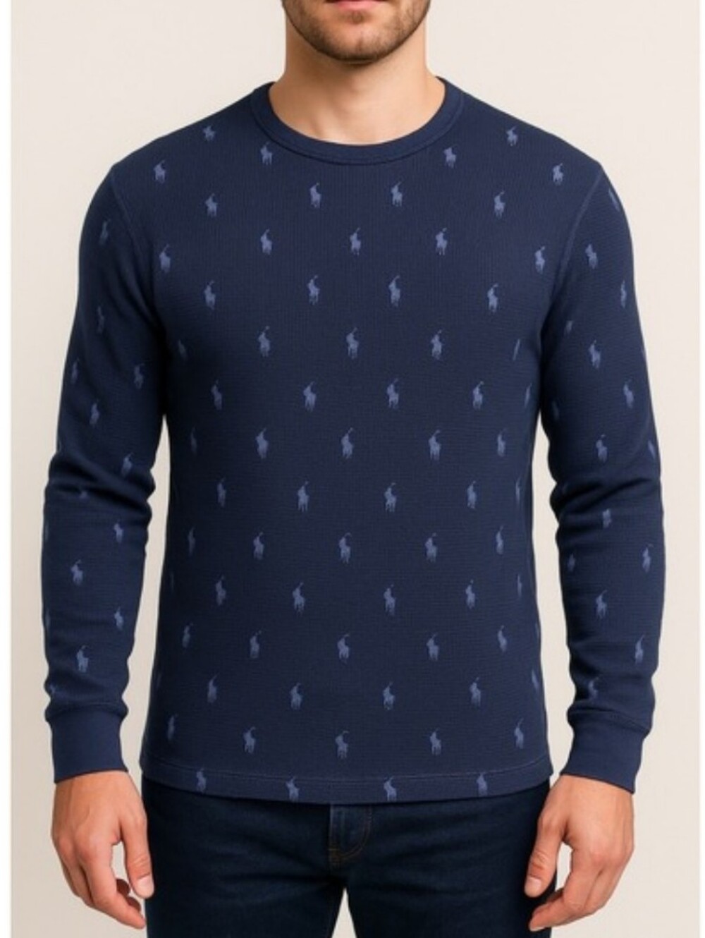 Polo Ralph Lauren Men’s Deep Navy All-Over Pony Logo Crewneck Waffle Knit Shirt